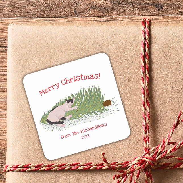 Adesivo Quadrado Feliz Natal! Feriados de Árvore de Natal vs. Natal (Criador carregado)