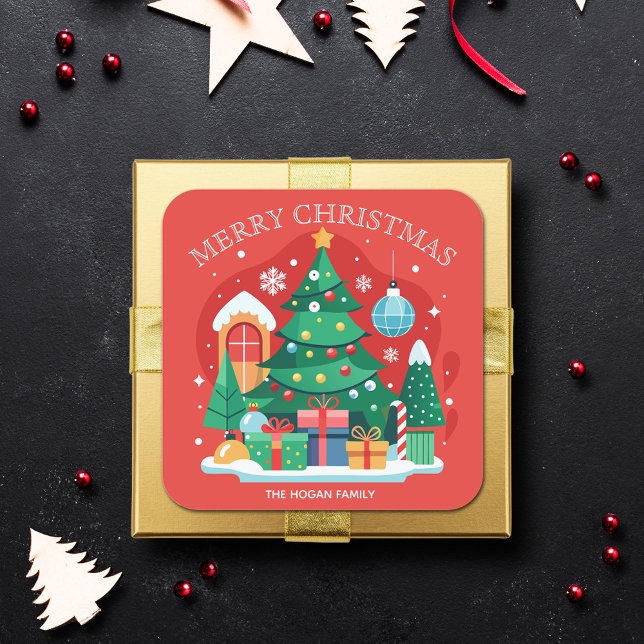 Adesivo Quadrado Feliz Natal Férias de Comida caseiras (Merry Christmas personalized stickers for homemade food holiday baking and gifts)