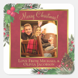 Adesivo Quadrado Feliz Natal! Festivo Holly & Pine com Foto