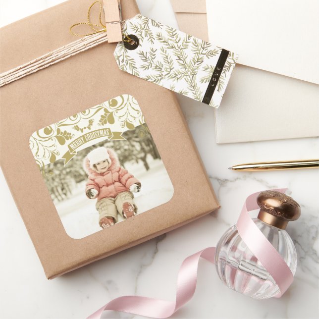 Adesivo Quadrado Feliz Natal Foto Flora Art Nouveau Florescimento (Presentear)