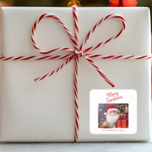 Adesivo Quadrado Feliz Natal Foto Personalizada de Gato de Natal