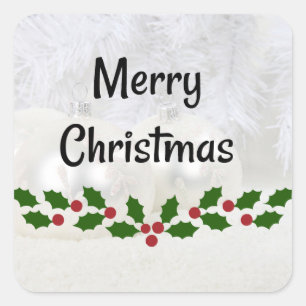 Adesivo Quadrado Feliz Natal, fundo branco de bolhas.