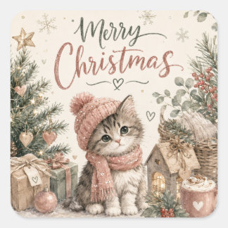 Adesivo Quadrado Feliz Natal Gatito Fofo