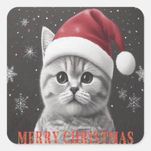 Adesivo Quadrado Feliz Natal, Gato de Cabra Britânico, Papais noeis