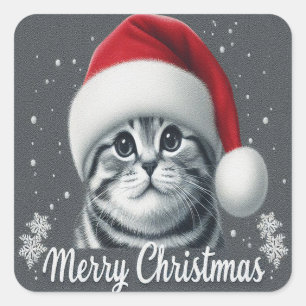 Adesivo Quadrado Feliz Natal Gato de Dobra Escocês, Papais noeis de