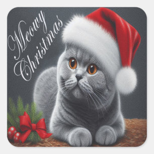 Adesivo Quadrado Feliz Natal Gato de Papais noeis de Shorthair Brit