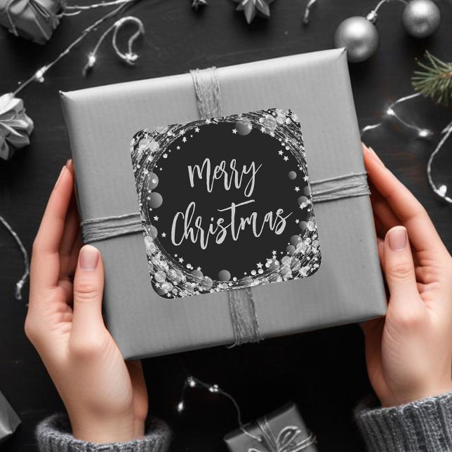 Adesivo Quadrado Feliz Natal Gelando Estrelas de Prata (Silver Stars Merry Christmas  Square 3" Stickers)