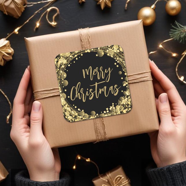 Adesivo Quadrado Feliz Natal Gelando Estrelas Douradas (Merry Christmas twinkling gold stars square stickers)