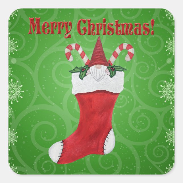 Adesivo Quadrado Feliz Natal Gnomo em Stocks Candy Cane Green (Frente)