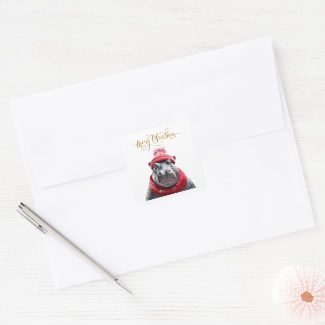 Adesivo Quadrado Feliz Natal Hippo beanie e cachecol (Envelope)