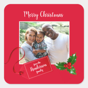 Adesivo Quadrado Feliz Natal Holly Sprig - Foto personalizada -