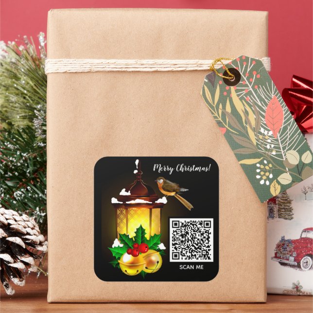 Adesivo Quadrado Feliz Natal Lanterna Bird Código QR (Feriado)