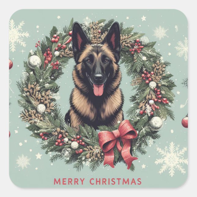Adesivo Quadrado Feliz Natal Malinois Dog Xmas Belga (Frente)