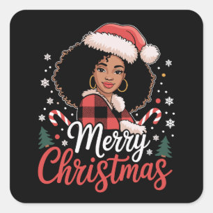 Adesivo Quadrado Feliz Natal Menina Africana Negra Chapéu do Papai