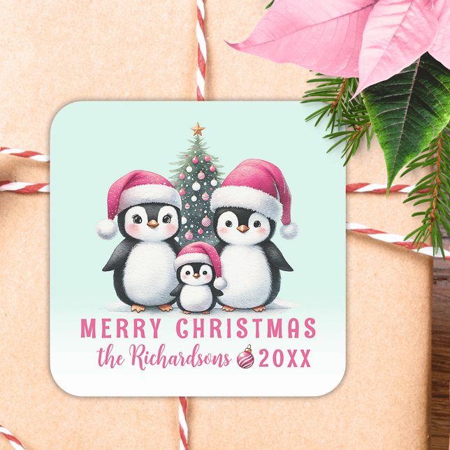 Adesivo Quadrado Feliz Natal - Menina Verde e Pinguins Rosa (Criador carregado)
