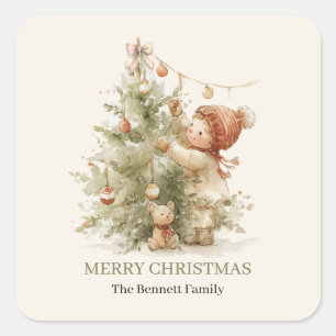Adesivo Quadrado Feliz Natal Menino Vintage Árvore de Natal