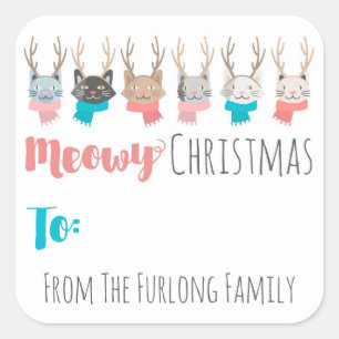 Adesivo Quadrado 'Feliz Natal Meowy' Gatos de Natal Enviando e Rece
