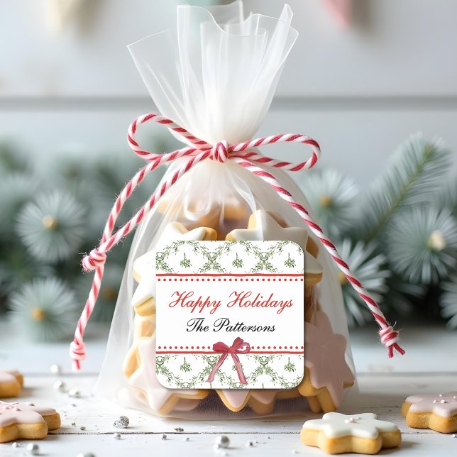 Adesivo Quadrado Feliz Natal Mistletodo Arco Vermelho, Natal Person (Criador carregado)