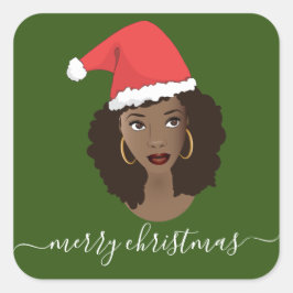 Adesivo Quadrado Feliz Natal, Mulher Negra, Papai Noel, Verde