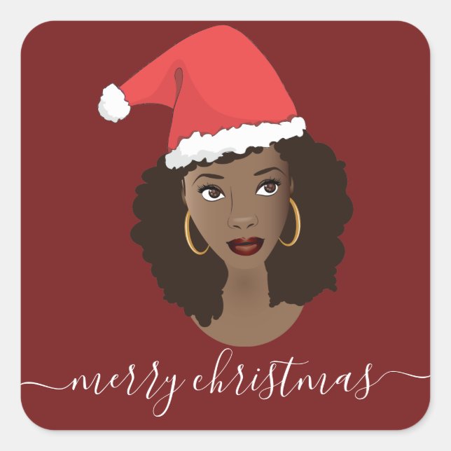 Adesivo Quadrado Feliz Natal, Mulher Negra, Papai Noel, Vermelho (Frente)