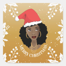 Adesivo Quadrado Feliz Natal, Mulher Negra, Papais noeis Vermelhos,