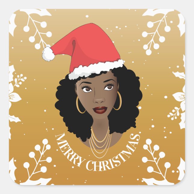 Adesivo Quadrado Feliz Natal, Mulher Negra, Papais noeis Vermelhos, (Frente)
