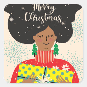 Adesivo Quadrado Feliz Natal, Mulher Negra, Suéter Brilhante Presen