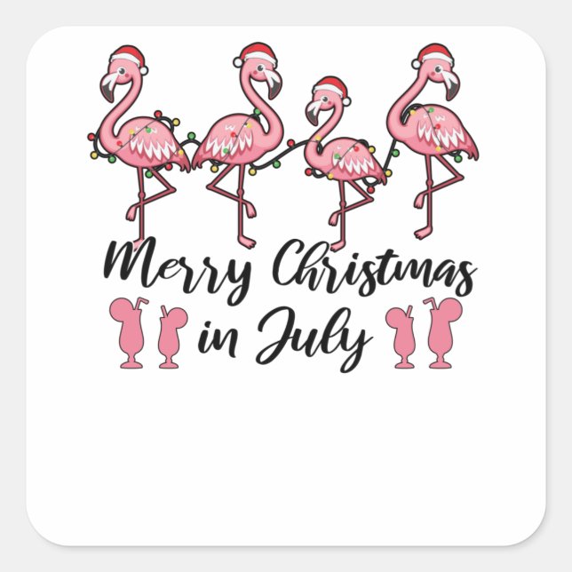 Adesivo Quadrado Feliz Natal No Verão De Flamingo De Julho (Frente)