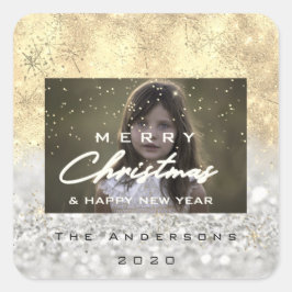 Adesivo Quadrado Feliz Natal Nome Dourado Snow Glitter FotoCinza