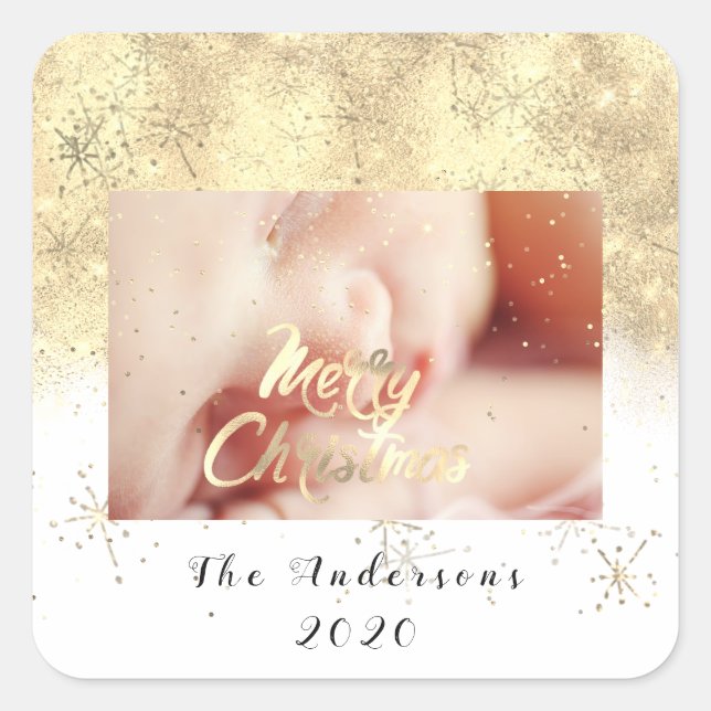 Adesivo Quadrado Feliz Natal Nome Dourado Stars Glitter Fotografia  (Frente)