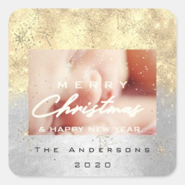 Adesivo Quadrado Feliz Natal Nome Dourado Stars Glitter Fotografia 