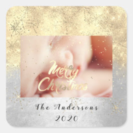 Adesivo Quadrado Feliz Natal Nome Dourado Stars Glitter Fotografia 
