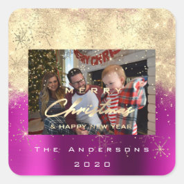 Adesivo Quadrado Feliz Natal Novo Faux Dourado Foto Rosa