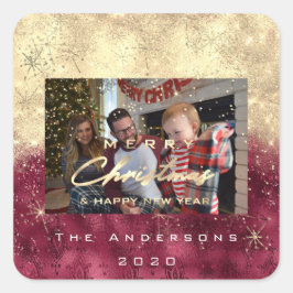 Adesivo Quadrado Feliz Natal Novo Glitter Fotografia Dourada Burgun