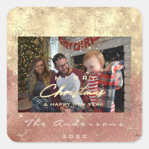 Adesivo Quadrado Feliz Natal Novo Glitter Fotográfico Dourado Blush