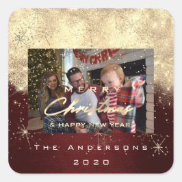 Adesivo Quadrado Feliz Natal Novo Maroon de Foto Dourada Glitter