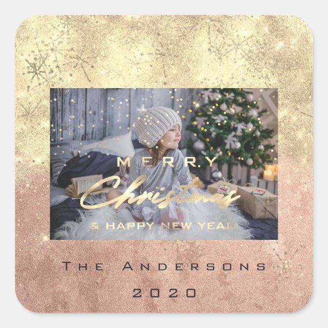 Adesivo Quadrado Feliz Natal Novo Sepia Foto Dourada Glitter Peach (Frente)