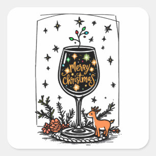 Adesivo Quadrado Feliz Natal num Vidro de Vinho