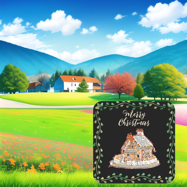 Adesivo Quadrado Feliz Natal Pão de Gingerpão Casa Verde (Merry Christmas Gingerbread House Green Wreath Square Sticker)