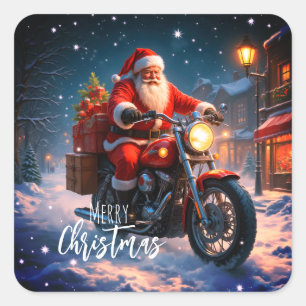 Adesivo Quadrado Feliz Natal Papai Noel de Moto & Presentes
