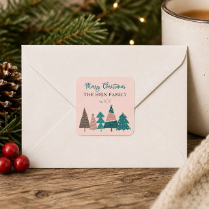 Adesivo Quadrado Feliz Natal Personalizado Árvores Rosa
