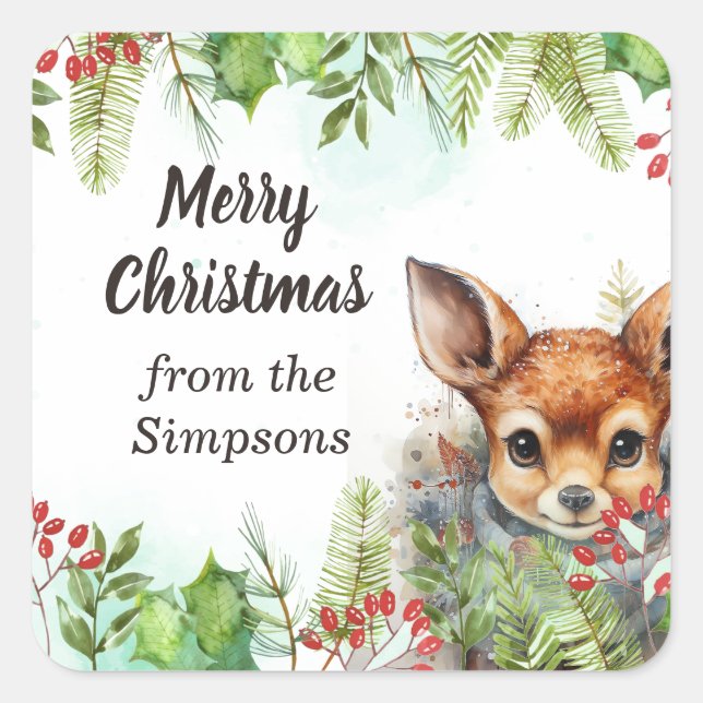 Adesivo Quadrado Feliz Natal Personalizado Do Nome Deer (Frente)