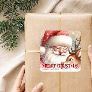Adesivo Quadrado Feliz Natal Personalizado Papai Noel e Rudi