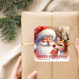Adesivo Quadrado Feliz Natal Personalizado Papai Noel e Rudoflho 