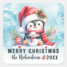 Adesivo Quadrado Feliz Natal Pinguim Bonito Snowy e Personalização 