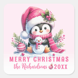 Adesivo Quadrado Feliz Natal Pinguim Gelado, Rosa, Personalizado
