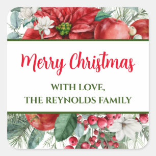 Adesivo Quadrado Feliz Natal Poinsettia Floral Favor