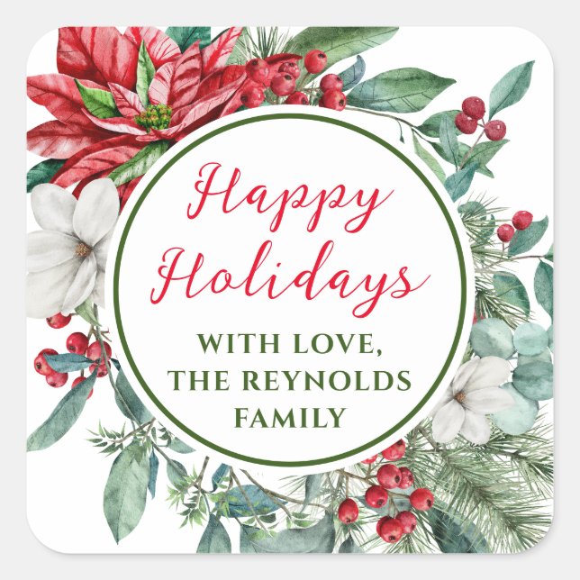 Adesivo Quadrado Feliz Natal Poinsettia Floral Favor (Frente)