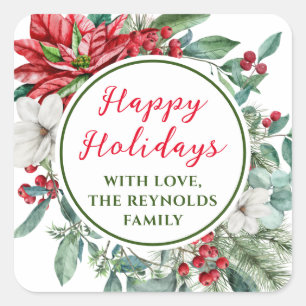 Adesivo Quadrado Feliz Natal Poinsettia Floral Favor