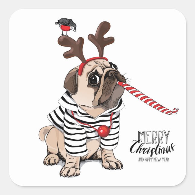 Adesivo Quadrado Feliz Natal | Pug Reindeer (Frente)